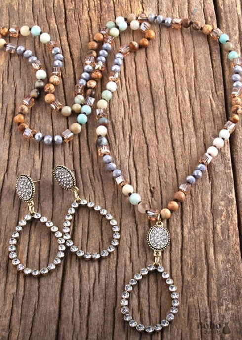 Boho Necklace, Jewelry Set, RH Amazonite Crystal Green Black Natural Stone